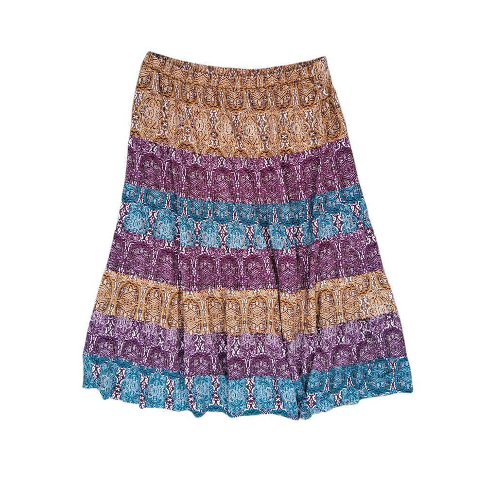 Bohemian Tiered Midi Skirt in Purple, Teal & Tan